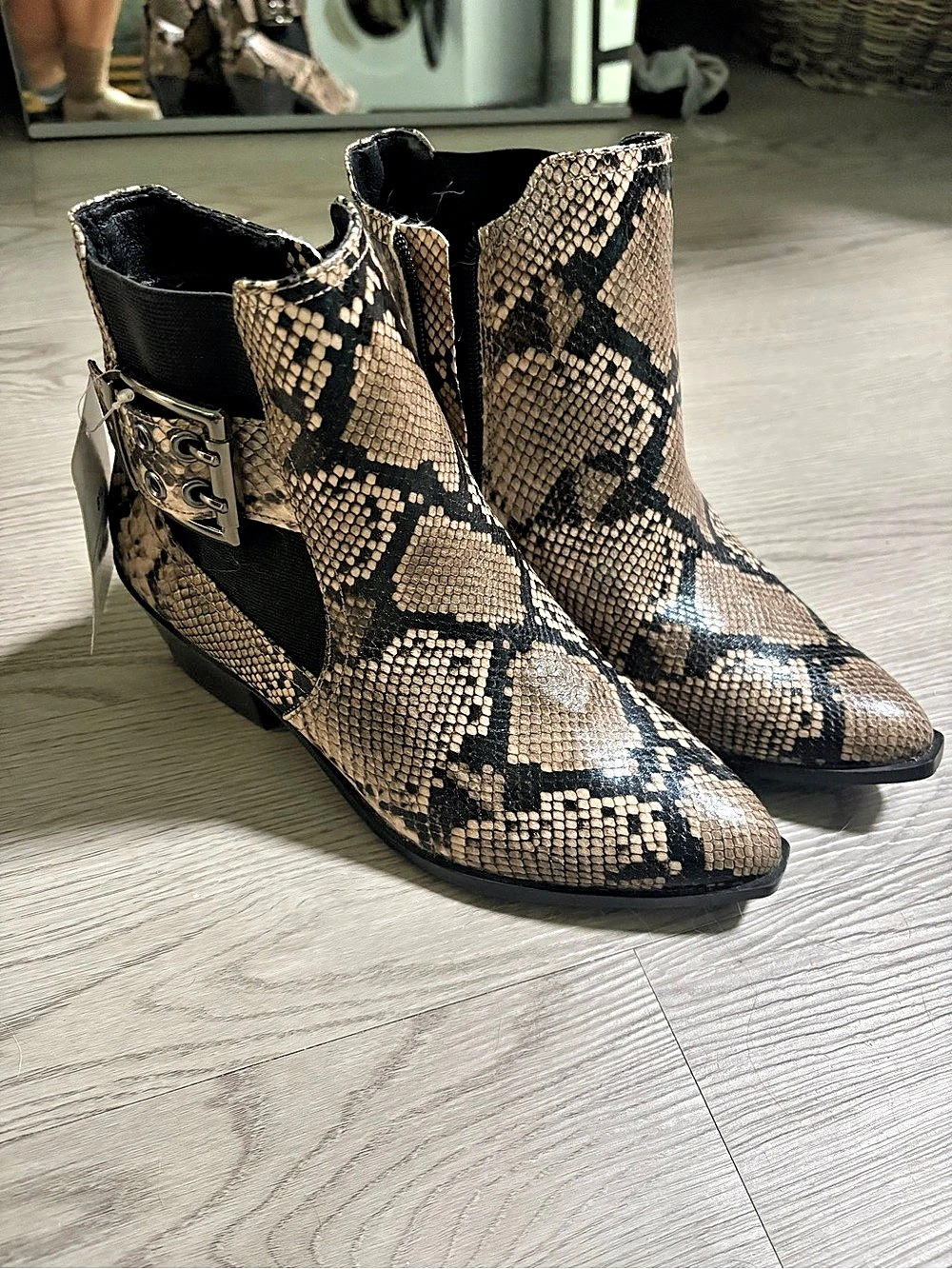 Scoop Snakeskin Print Ankle Booties Brown & Black US 8